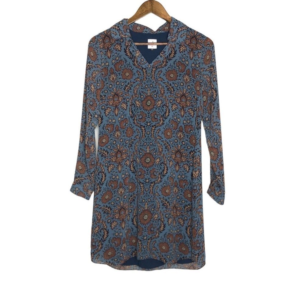 Cabi Blue and Brown Provincial Long Sleeve Collared Floral Mini‎ Dress Size XS